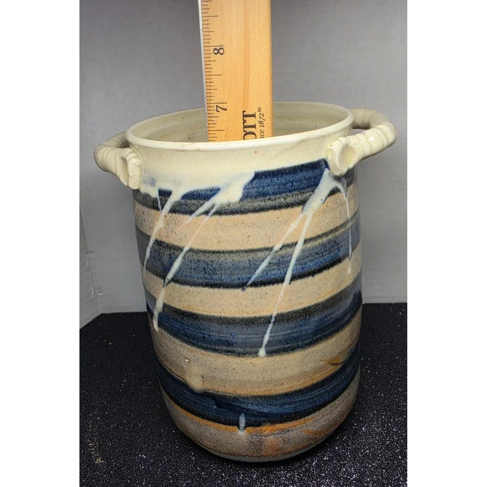 Studio Pottery Striped‎ Stoneware Vase Blue Tan Drip Glaze Lug Handles 7 Inch